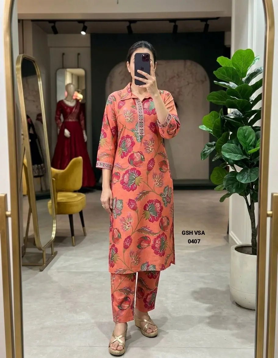 Coral Peach Floral Printed Cotton Ethnic Kurta Set